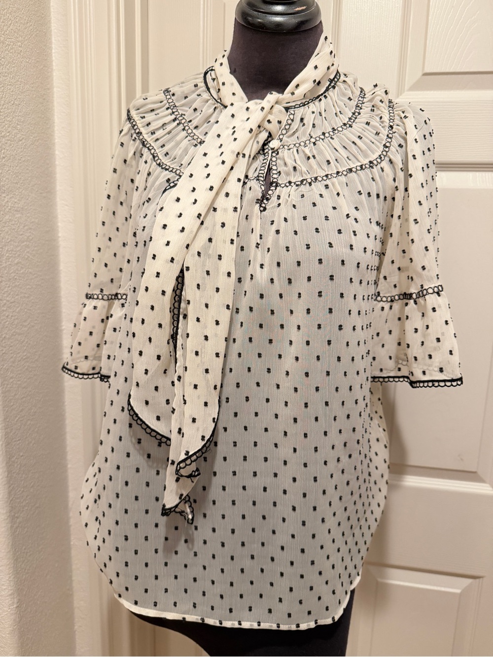 MAX Studio Ivory and Black Polka Dot Tie-Neck Blouse